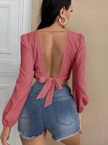 SHEIN SXY Áo sơ mi nữ Lộ Lưng Buộc lại màu trơn Gợi cảm - Bụi hồng - Xem 1
