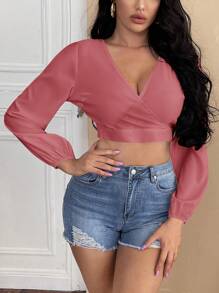 SHEIN SXY Áo sơ mi nữ Lộ Lưng Buộc lại màu trơn Gợi cảm - Bụi hồng - Xem 5