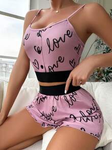 愛心和字母圖案織帶拼接吊帶背心和短褲 - 玫紅色 - 查看 4