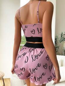 愛心和字母圖案織帶拼接吊帶背心和短褲 - 玫紅色 - 查看 2