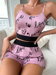 愛心和字母圖案織帶拼接吊帶背心和短褲 - 玫紅色 - 查看 1