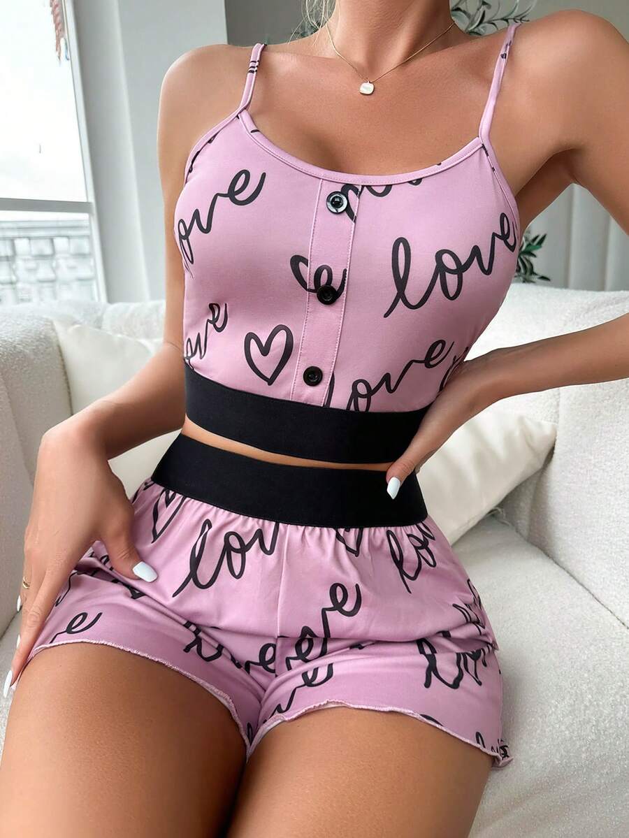 愛心和字母圖案織帶拼接吊帶背心和短褲 - 玫紅色 - 查看 1