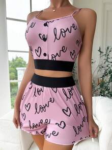 愛心和字母圖案織帶拼接吊帶背心和短褲 - 玫紅色 - 查看 5
