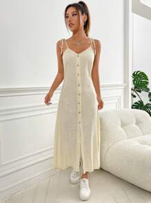 SHEIN EZwear 前紐扣吊帶洋裝 - 米色 - 查看 3