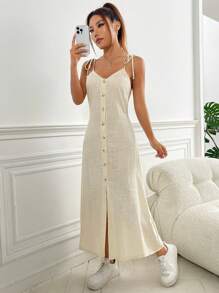 SHEIN EZwear 前紐扣吊帶洋裝 - 米色 - 查看 4
