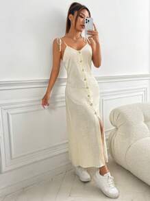 SHEIN EZwear 前紐扣吊帶洋裝 - 米色 - 查看 5
