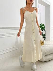 SHEIN EZwear 前紐扣吊帶洋裝 - 米色 - 查看 6