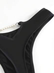 Swim SXY Faux Pearl Decor Bikini Bottom Summer - Black - View 5