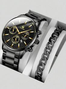 SHAARMS Men Round Shaped Watch & Chain Bracelet - Black - View 1