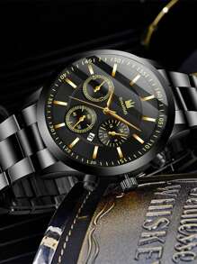 SHAARMS Men Round Shaped Watch & Chain Bracelet - Black - View 2