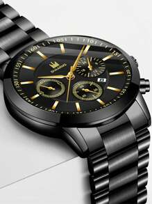 SHAARMS Men Round Shaped Watch & Chain Bracelet - Black - View 3