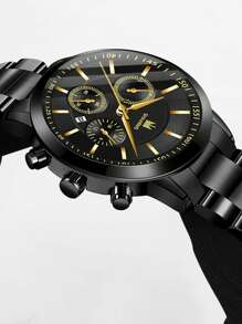 SHAARMS Men Round Shaped Watch & Chain Bracelet - Black - View 4