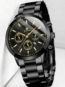 SHAARMS Men Round Shaped Watch & Chain Bracelet - Black - View 5