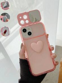 1pc Pink Heart Shaped Mirror Holder Tpu Phone Case Compatible With Iphone 11 / 12 / 13 / 14 / 15 Pro, 15 Plus, 15 Pro Max - Baby Pink - View 2