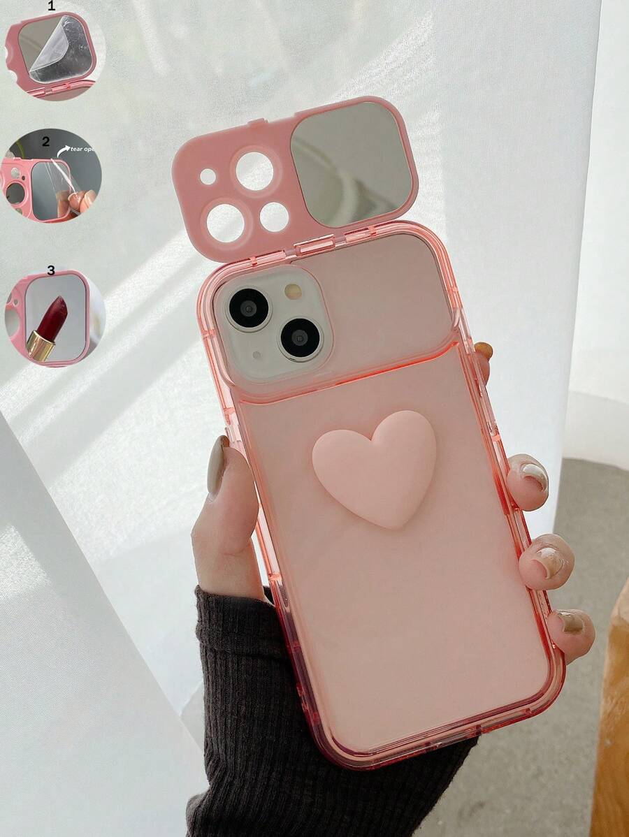 1pc Pink Heart Shaped Mirror Holder Tpu Phone Case Compatible With Iphone 11 / 12 / 13 / 14 / 15 Pro, 15 Plus, 15 Pro Max