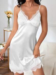 Contrast Lace Satin Cami Nightdress - White - View 6