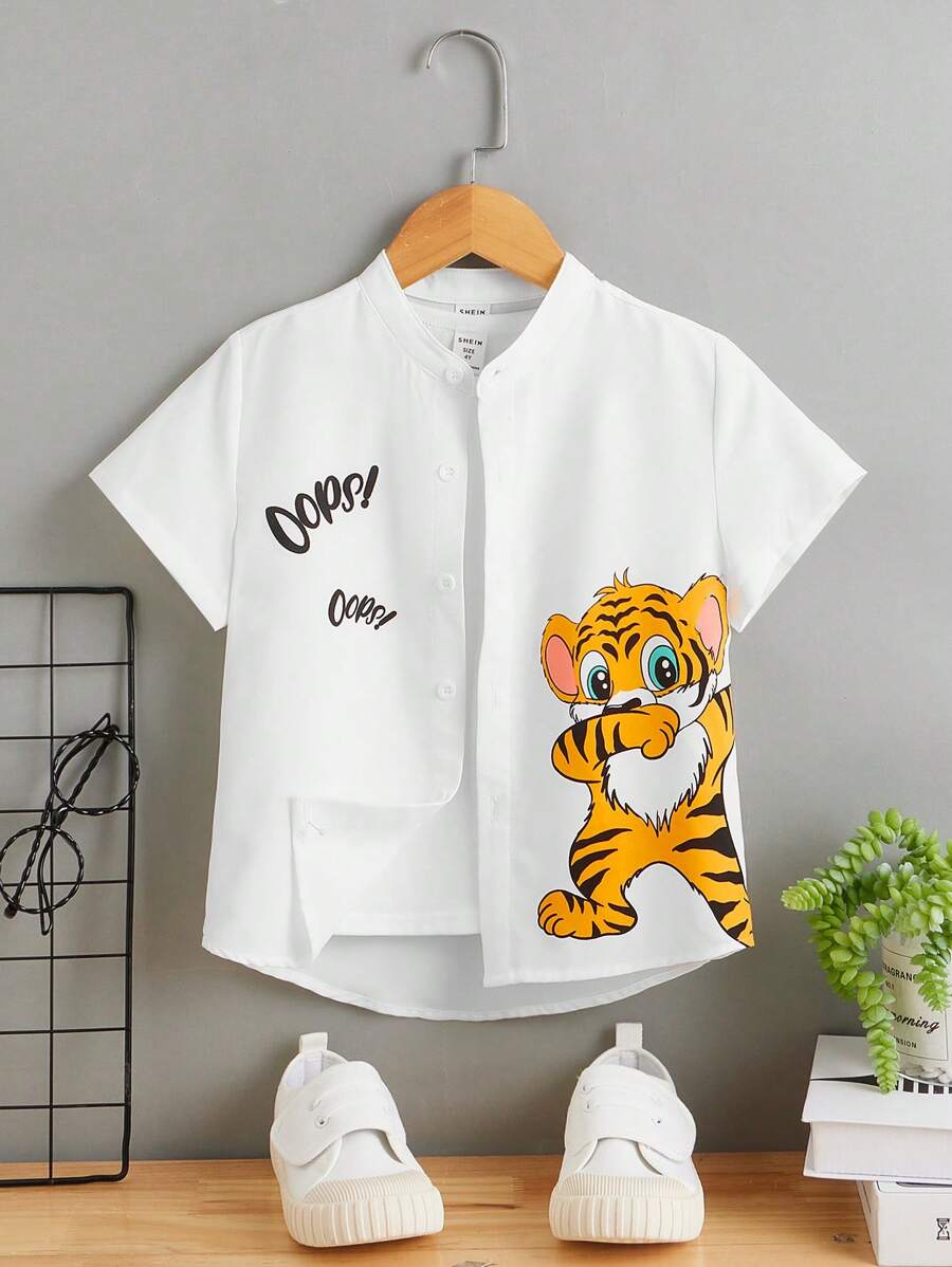 SHEIN Áo sơ mi bé trai Nút phía trước Hoạt hình Lá thư Giải trí - trắng - Xem 1