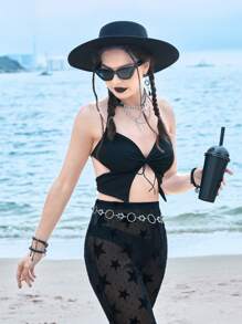 ROMWE Solid Tie Backless Halter Top - Black - View 7