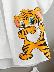 SHEIN Áo sơ mi bé trai Nút phía trước Hoạt hình Lá thư Giải trí - trắng - Xem 3