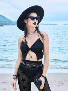 ROMWE Solid Tie Backless Halter Top - Black - View 4