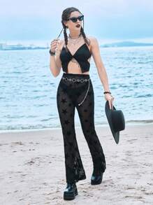 ROMWE Solid Tie Backless Halter Top - Black - View 3