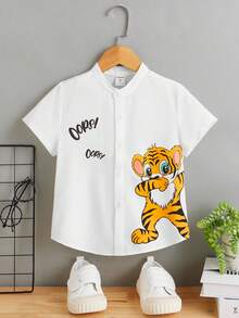 SHEIN Áo sơ mi bé trai Nút phía trước Hoạt hình Lá thư Giải trí - trắng - Xem 4