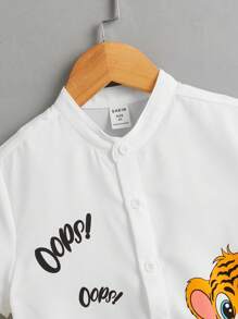 SHEIN Áo sơ mi bé trai Nút phía trước Hoạt hình Lá thư Giải trí - trắng - Xem 5