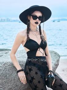 ROMWE Solid Tie Backless Halter Top - Black - View 2