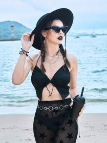 ROMWE Solid Tie Backless Halter Top - Black - View 5