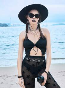 ROMWE Solid Tie Backless Halter Top - Black - View 6