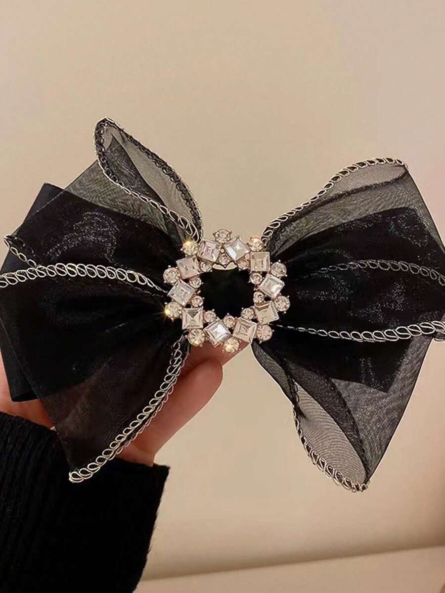 水钻蝴蝶结装饰法式发夹优雅头饰情人节发夹爪夹发爪发卡发夹，发卡，发饰 - 黑色 - 查看 1