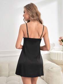 Contrast Lace Satin Cami Nightdress - Black - View 2