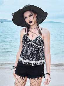 ROMWE Goth 小碎花蕾絲拼接吊帶上衣 - 黑與白 - 查看 3
