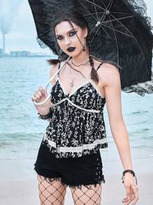 ROMWE Goth 小碎花蕾絲拼接吊帶上衣 - 黑與白 - 查看 4