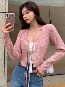 DAZY Space Dye Knot Front Crop Top Without Cami Top Long Sleeve Women Tops - Pink - View 3