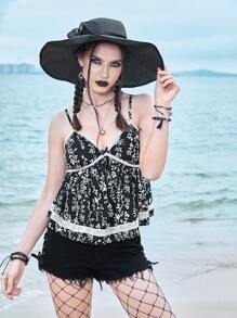 ROMWE Goth 小碎花蕾絲拼接吊帶上衣 - 黑與白 - 查看 5