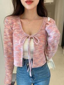 DAZY Space Dye Knot Front Crop Top Without Cami Top Long Sleeve Women Tops - Pink - View 4