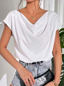SHEIN Privé Solid Dolman Sleeve Draped Collar Blouse - White - View 3