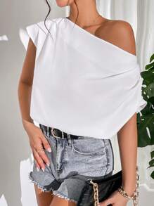 SHEIN Privé Solid Dolman Sleeve Draped Collar Blouse - White - View 2