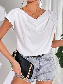 SHEIN Privé Solid Dolman Sleeve Draped Collar Blouse - White - View 5