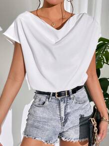 SHEIN Privé Solid Dolman Sleeve Draped Collar Blouse - White - View 1