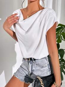 SHEIN Privé Solid Dolman Sleeve Draped Collar Blouse - White - View 6