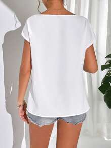 SHEIN Privé Solid Dolman Sleeve Draped Collar Blouse - White - View 7