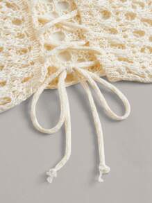 ROMWE Hippie Hollow Out Tie Backless Halter Knit Top - Beige - View 3