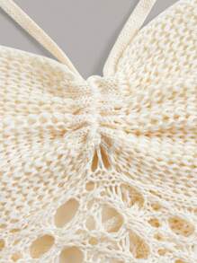 ROMWE Hippie Hollow Out Tie Backless Halter Knit Top - Beige - View 4