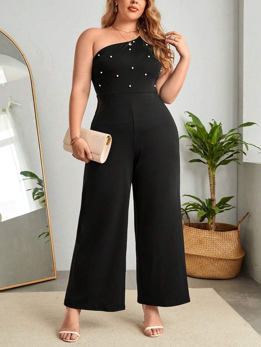 SHEIN Privé Jumpsuits Plus Size cườm đính Ngọc trai màu trơn Thanh lịch - màu đen - Xem 1