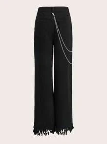 ROMWE Goth 人像圖案破洞毛邊直筒牛仔褲 - 黑色 - 查看 2