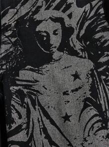 ROMWE Goth 人像圖案破洞毛邊直筒牛仔褲 - 黑色 - 查看 4