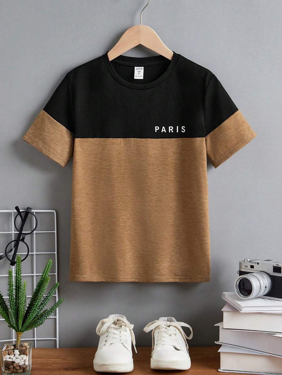 SHEIN 青少年男生一體化學院圓領拼色圖案短袖T恤 - 彩色 - 查看 1