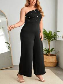 SHEIN Privé Jumpsuits Plus Size cườm đính Ngọc trai màu trơn Thanh lịch - màu đen - Xem 4
